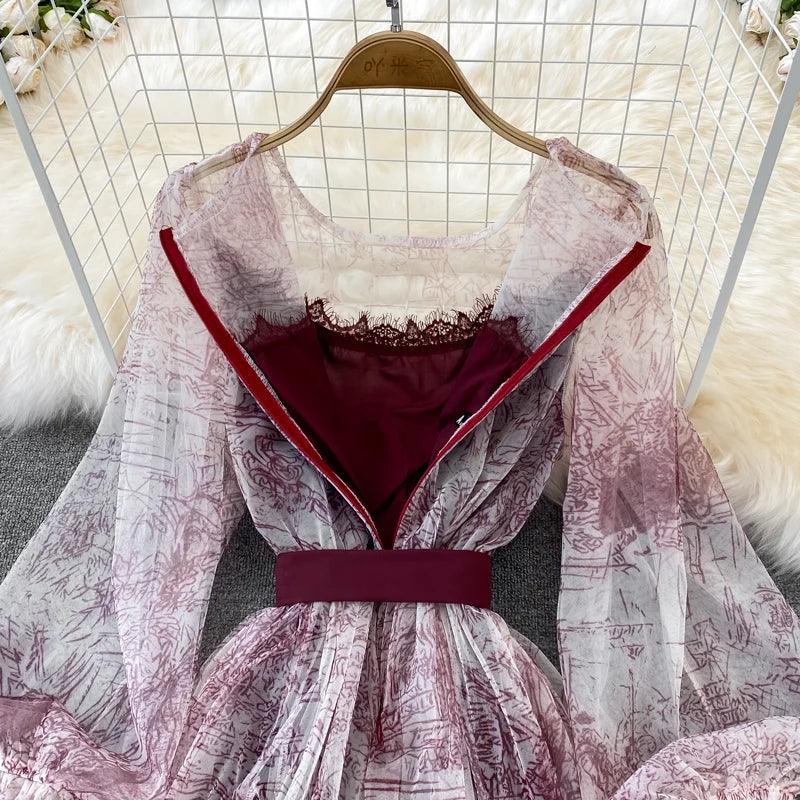 Vintage Illusion Fashion Ink Print Women Dress with Mesh Puff Sleeve O-neck High Waist Female Vestidos - Trendy Mix