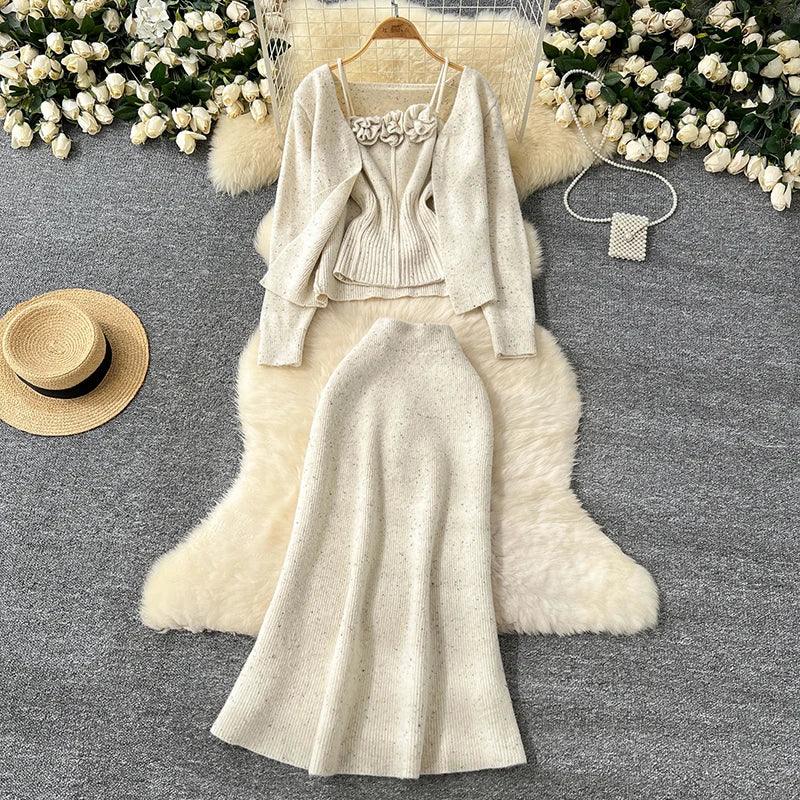 Women Long Sleeved Knitted Cardigan+tank Top+fashion High Waist Slim Half-length Skirt Suit Women Solid Street Three-piece Suit - Trendy Mix