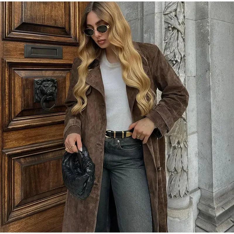 Women Khaki Faux Leather Long Coat With Belt Fashion Double-breasted Lapel Oversize Overcoat Autumn - Trendy Mix