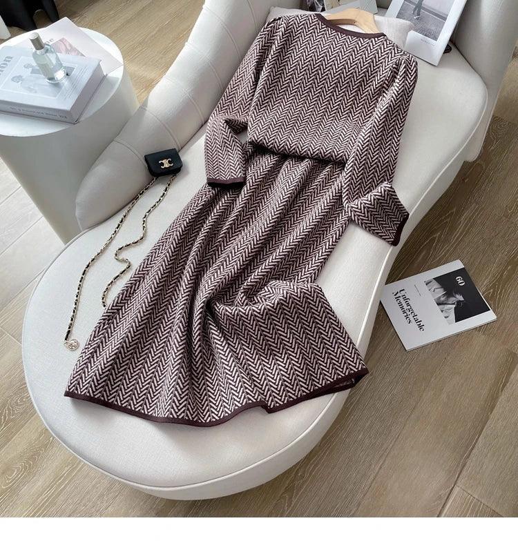 Vintage Women O Neck Knitted Two Piece Set Autumn Winter Striped Thick Long Sleeve Sweater + High Quality A Line Midi Skirt Suit - Trendy Mix