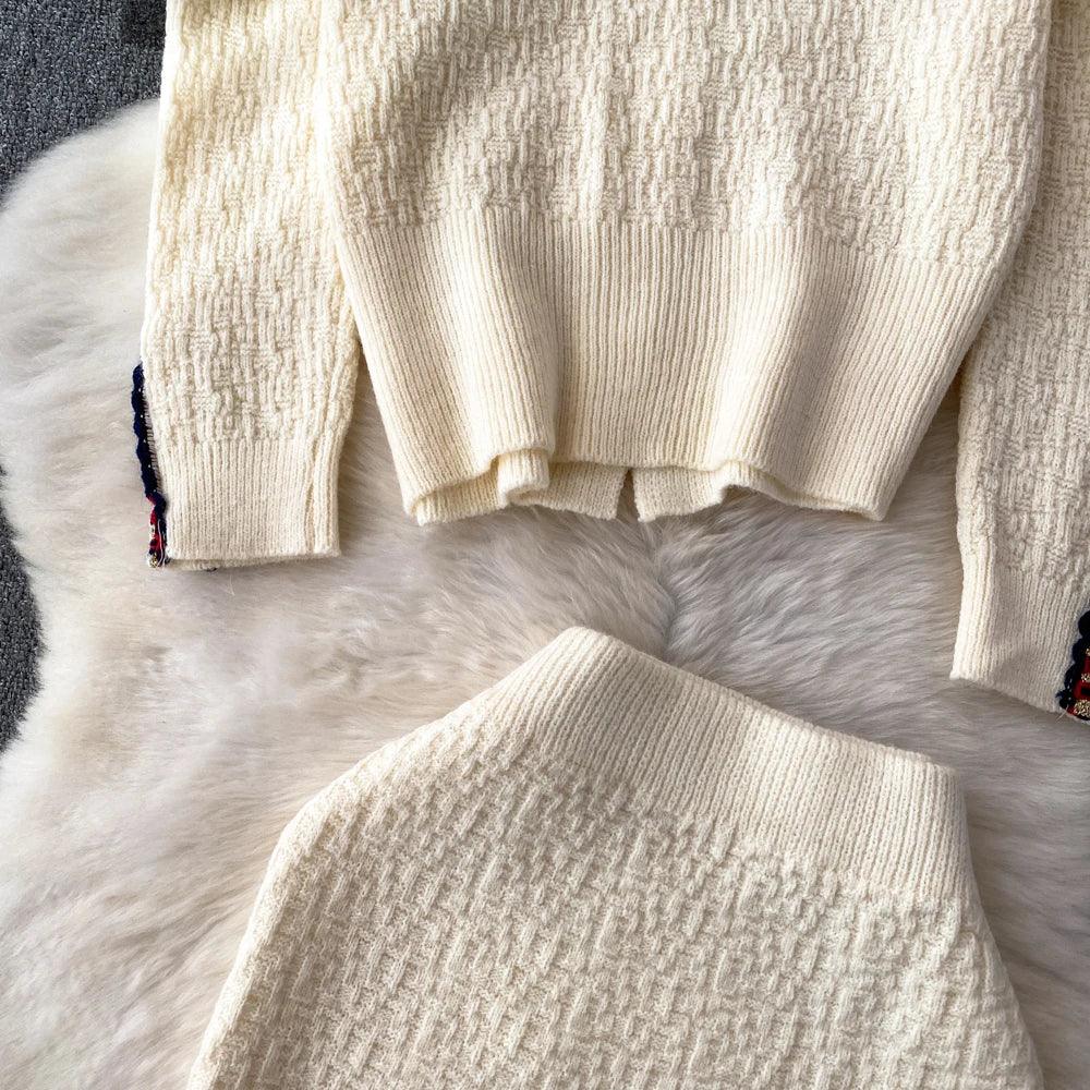 Women Autumn Fashion Suits Small Fragrance O-Neck Single Breasted Cardigan + High Waist Wrap Hip Skirts 2 Pieces Sets - Trendy Mix