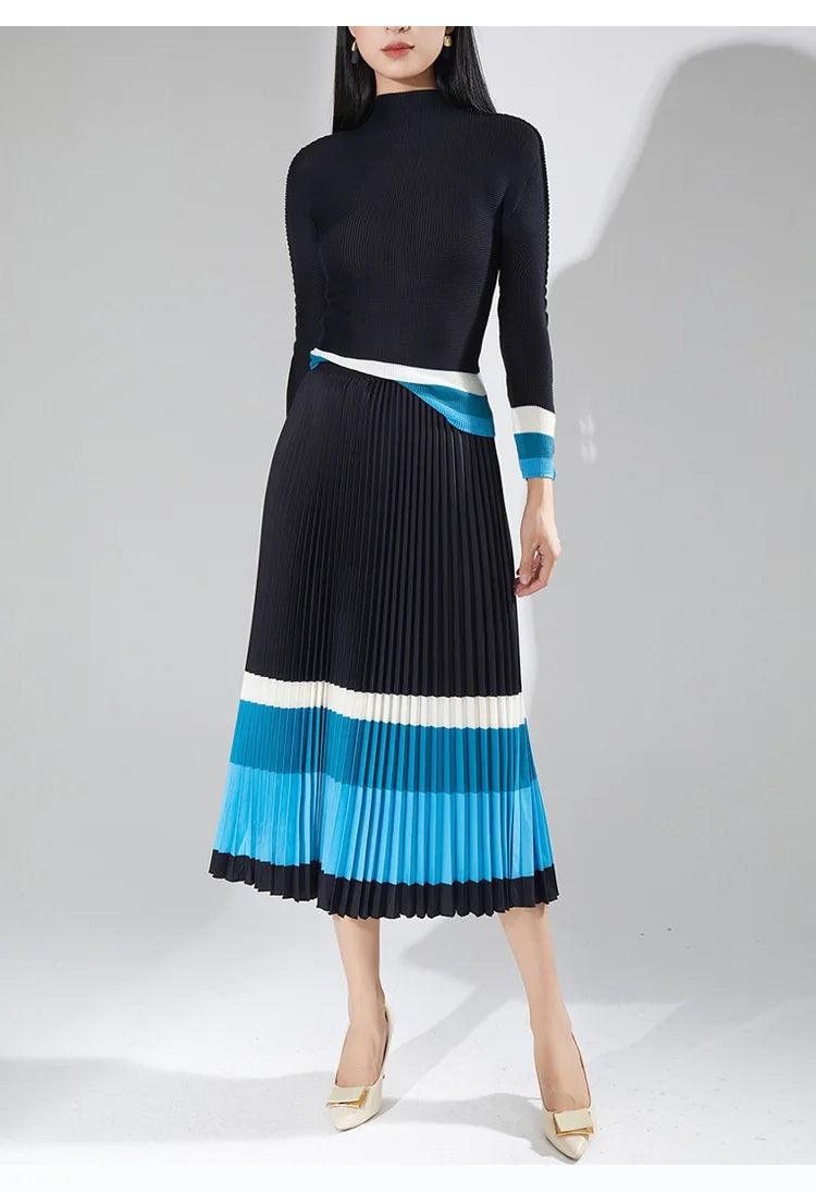 Women's Contrast Color Print Pleated Set Fashion Long Sleeves T-shirt High Waist A-line Skirt 2024 Autumn - Trendy Mix