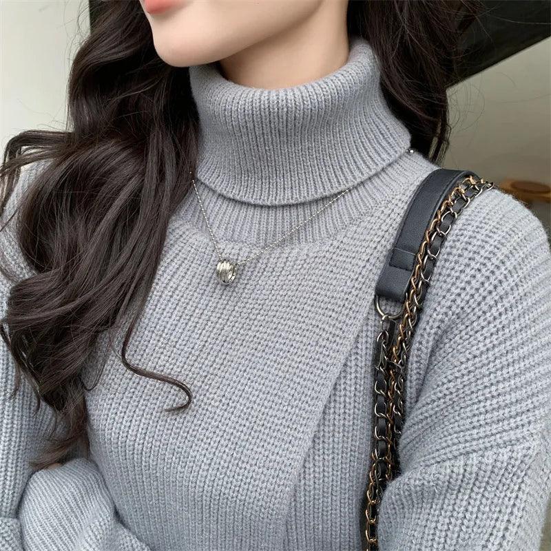 High Neck Split Knitted Pullover for Women - Trendy Mix