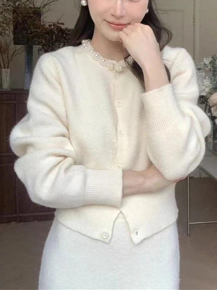 Handmade Pearl Collar Knit Cardigan & A-Line Skirt Set - Trendy Mix