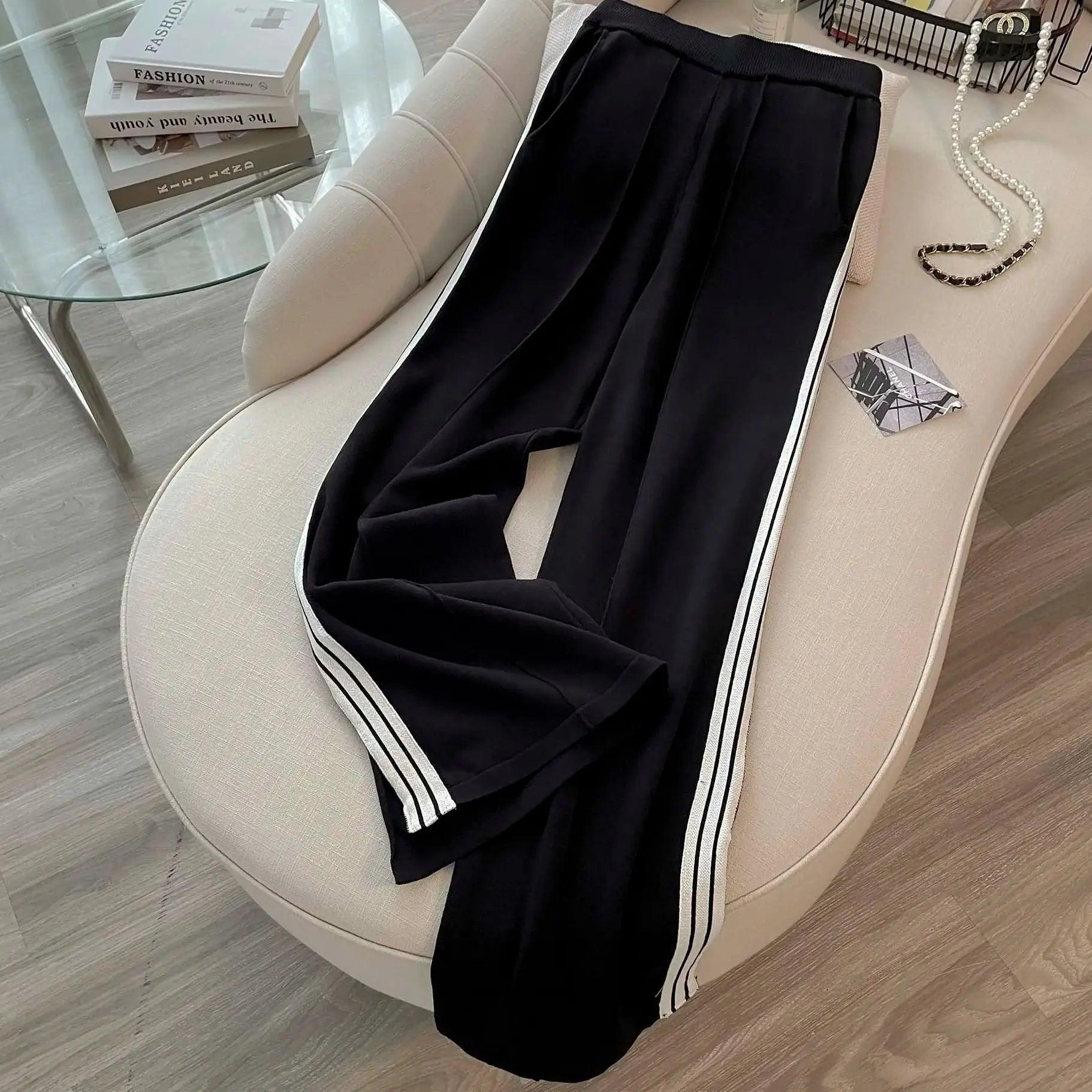 Women Knitted 2 Piece Suit Sweater cardigan Top And Pant Two Piece Set Matching Outfit Stripe Elegant Chic Winter Clothing - Trendy Mix