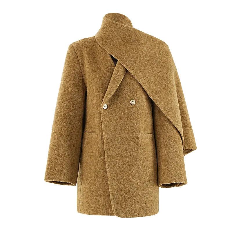 Khaki Big Size Thick Warm Woolen Coat New Scarf Collar Long Sleeve Women Jacket Fashion Tide Autumn Winter 2024 - Trendy Mix