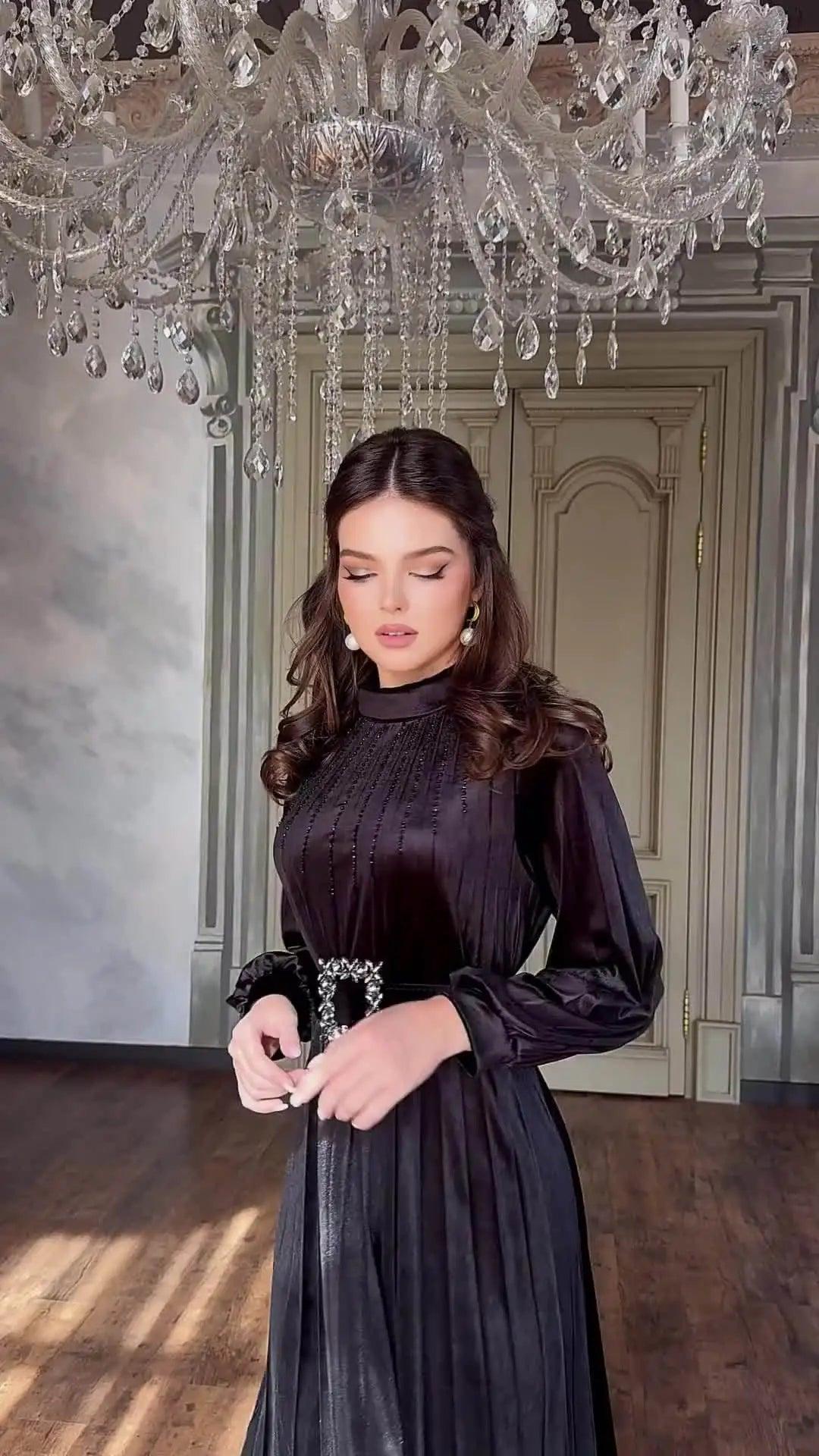 2024 Luxury Velvet Evening Dress with Belt - Trendy Mix