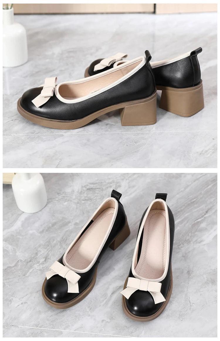 Mixed Colors Bow Genuine Leather Shoes Fashion Pumps Shoes Woman New 2024 Large Size Women Shoes High Heels - Trendy Mix