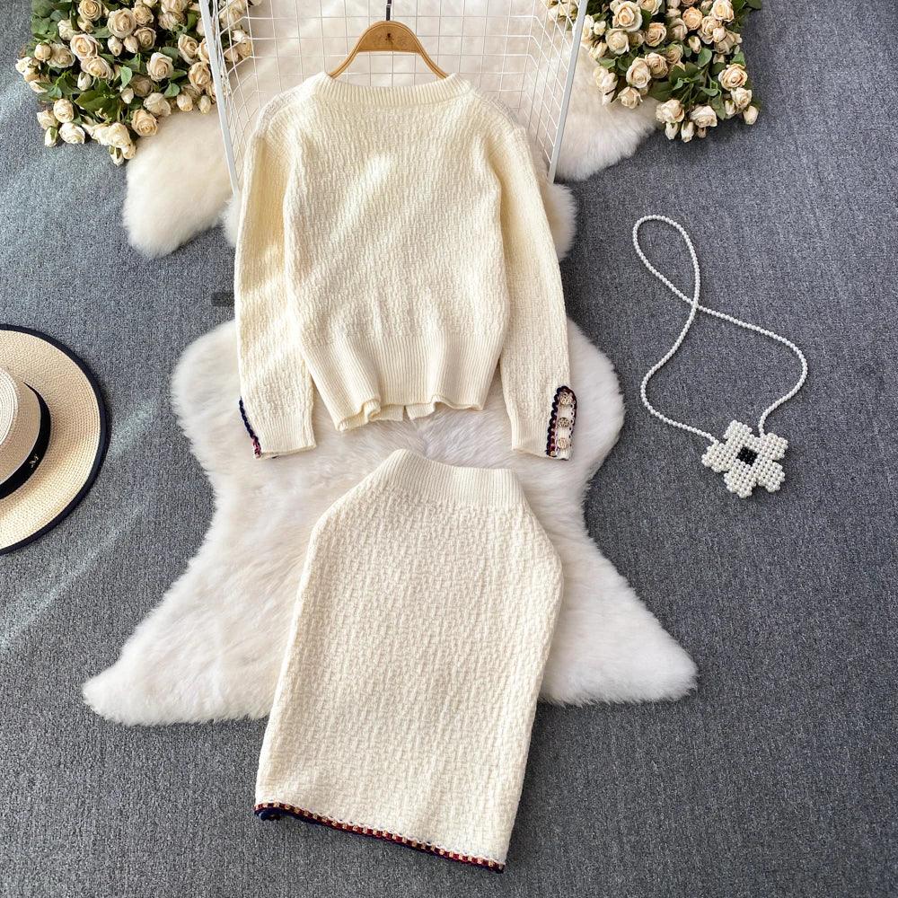 Women Autumn Fashion Suits Small Fragrance O-Neck Single Breasted Cardigan + High Waist Wrap Hip Skirts 2 Pieces Sets - Trendy Mix