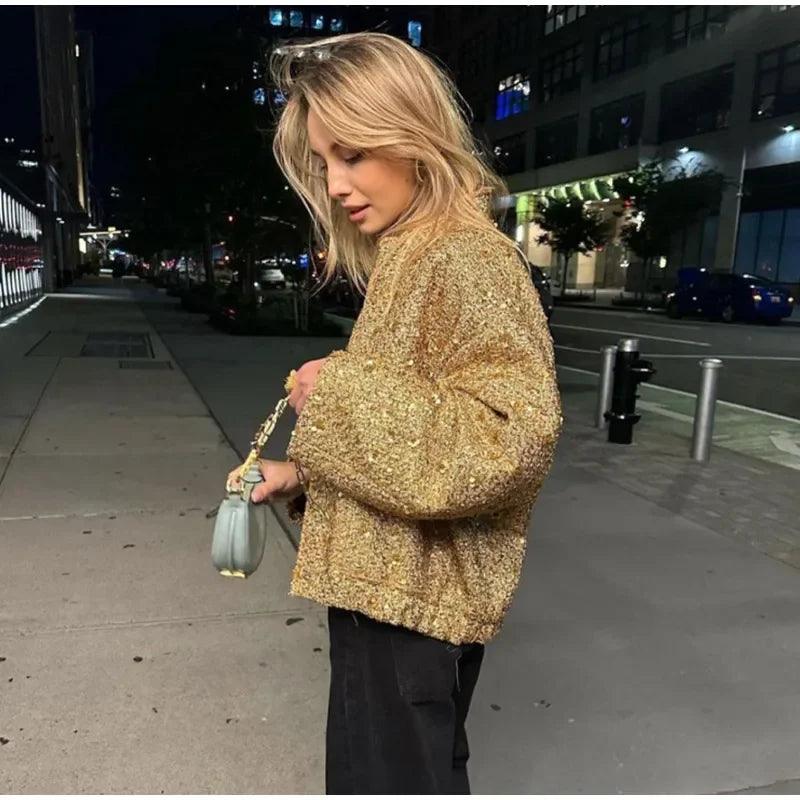 Gold Sequin Bomber Jacket for Women - Trendy Mix