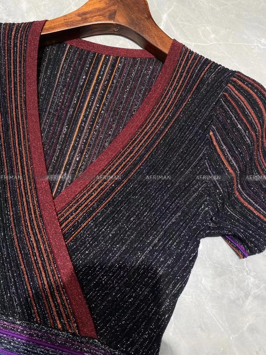 Women Sequined Colorful Striped V Neck Short Sleeve Waist Knit Slit Long Dress - Trendy Mix