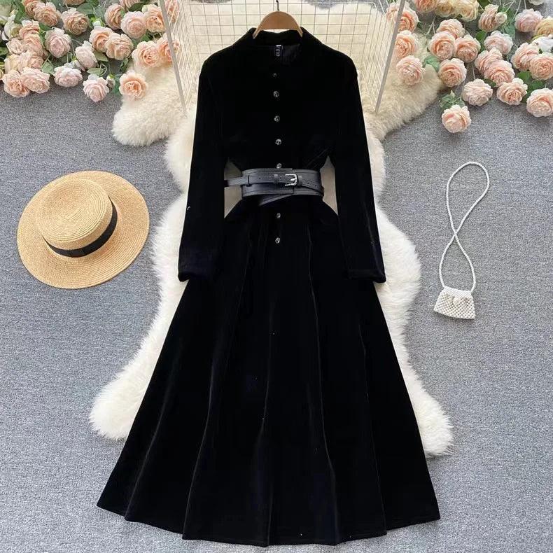 French Vintage A-Line Long Dress with Bel - Trendy Mix