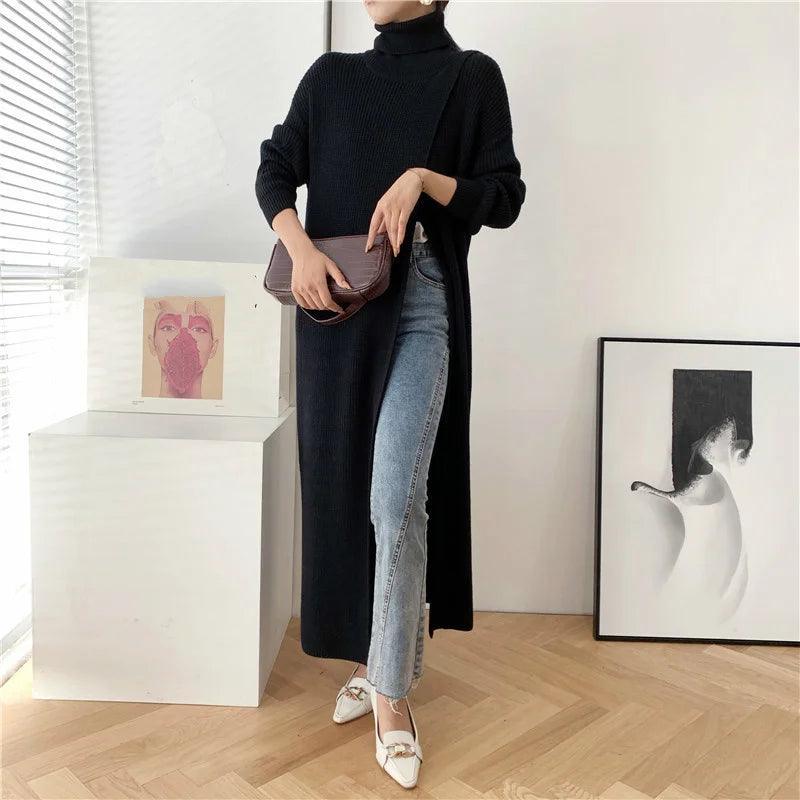 Women's Long Turtleneck Sweater Design Pullover Base With Split Fit Long Sleeve 2024 New Kintted Clothes Famale - Trendy Mix