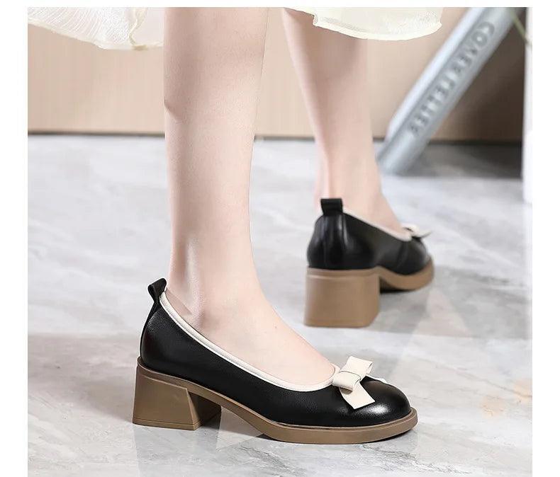 Mixed Colors Bow Genuine Leather Shoes Fashion Pumps Shoes Woman New 2024 Large Size Women Shoes High Heels - Trendy Mix