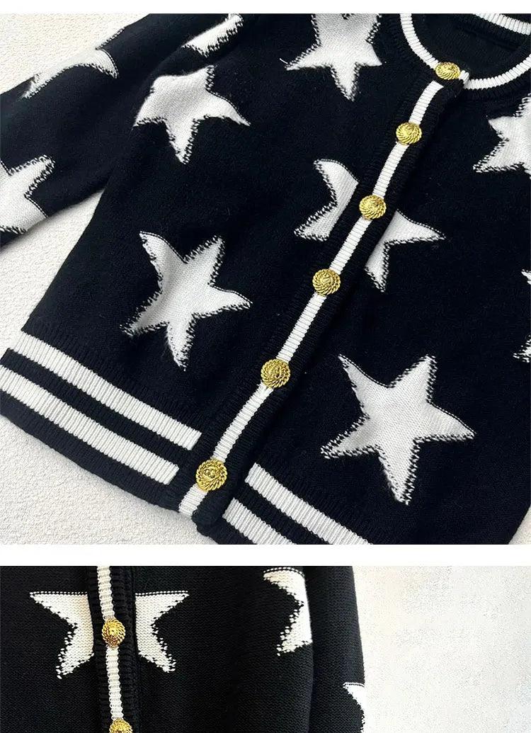 New 2024 Spring Knit Cardigan Star Jacquard Coat Women Sweater Luxury Design Iconic Lion Gold Button Femme Clothing Buckle Tops - Trendy Mix