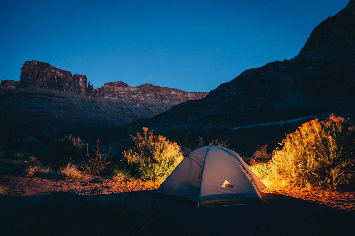 Backpacking tent light at night in Big Bend National Park