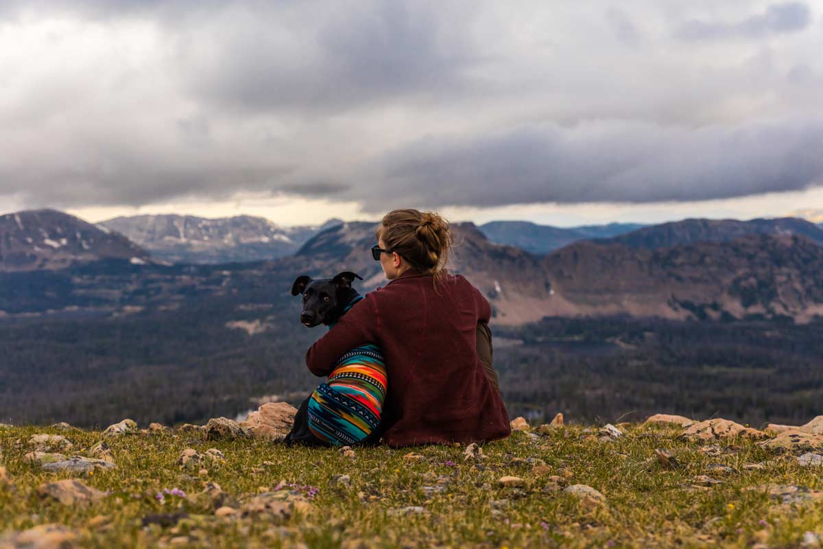 Dog and hiker wearing layers while sitting and enjoying a mountain view.