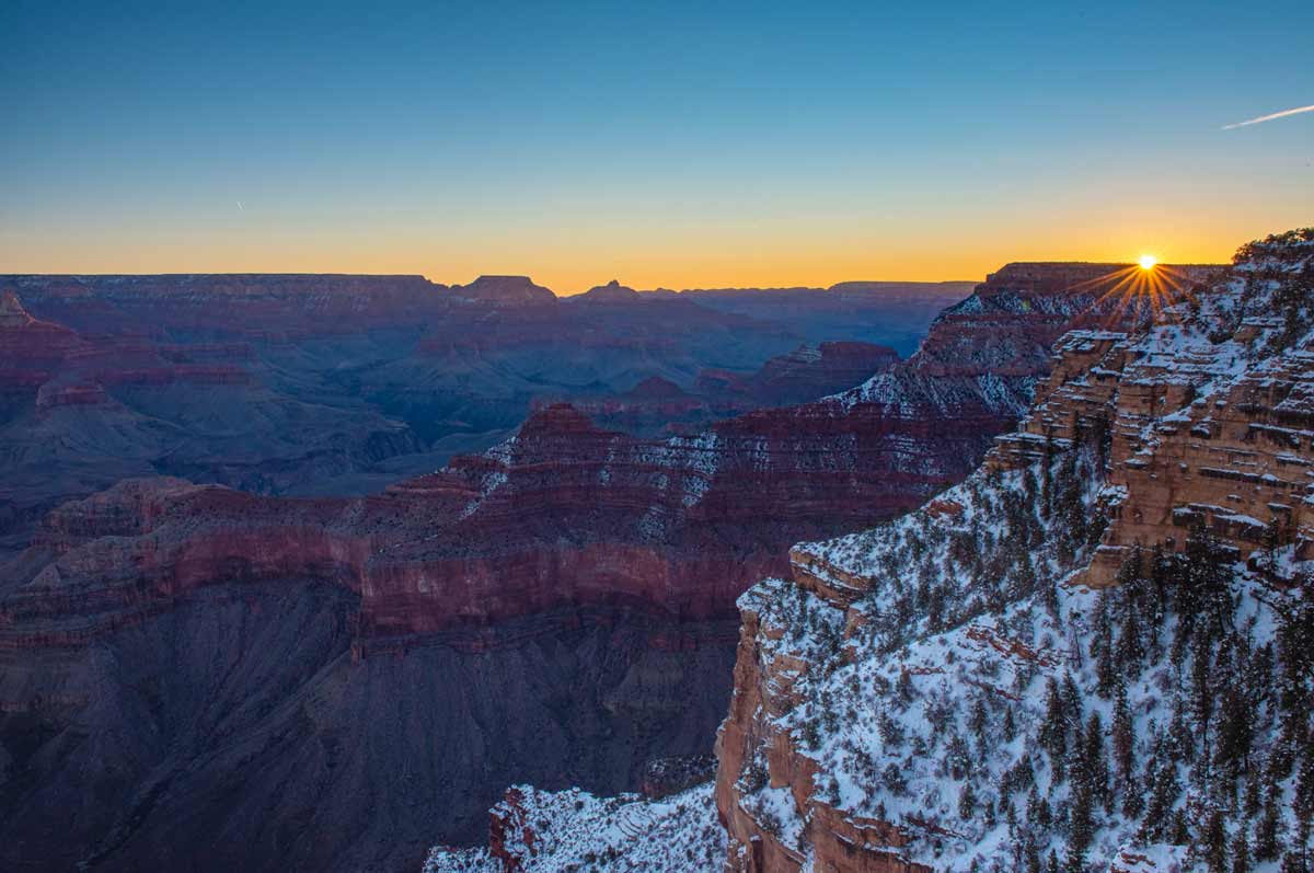 Sun setting over the Grand Canyon at Grand Canyon National Park in winter.