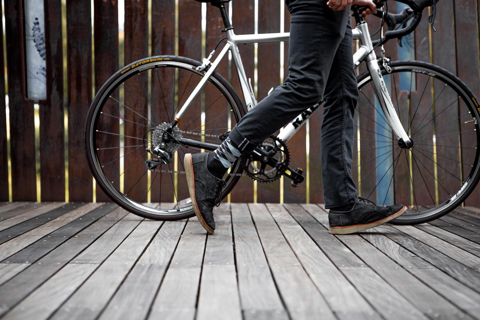 Bike commuter wearing Cloudline active dress socks