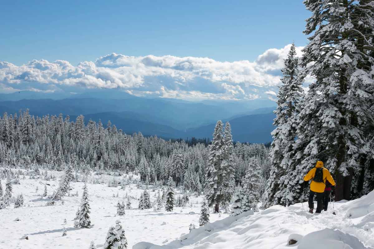Snowy backcountry adventure: Two hikers snowshoeing through the winter landscape.