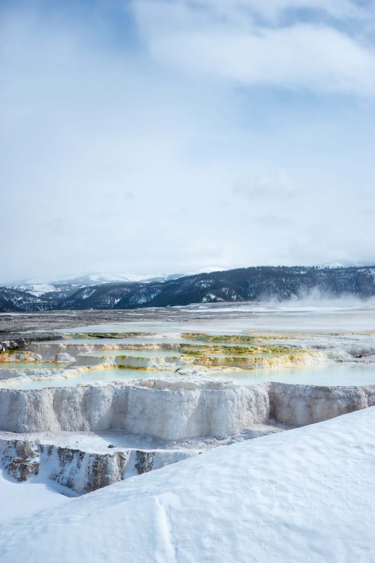 Hot spring in Yellowstone National Park in Winter Snow