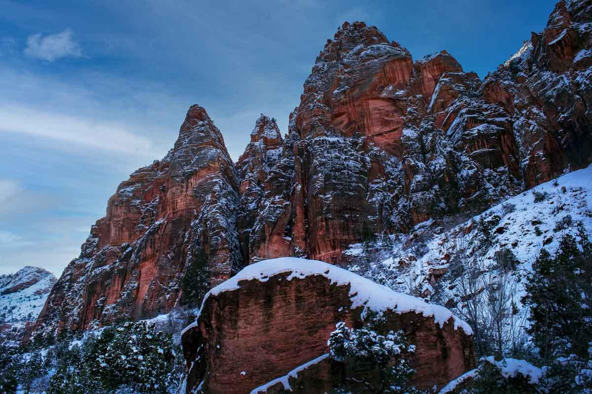 Snow covered rock face at Zion National Park in winter.