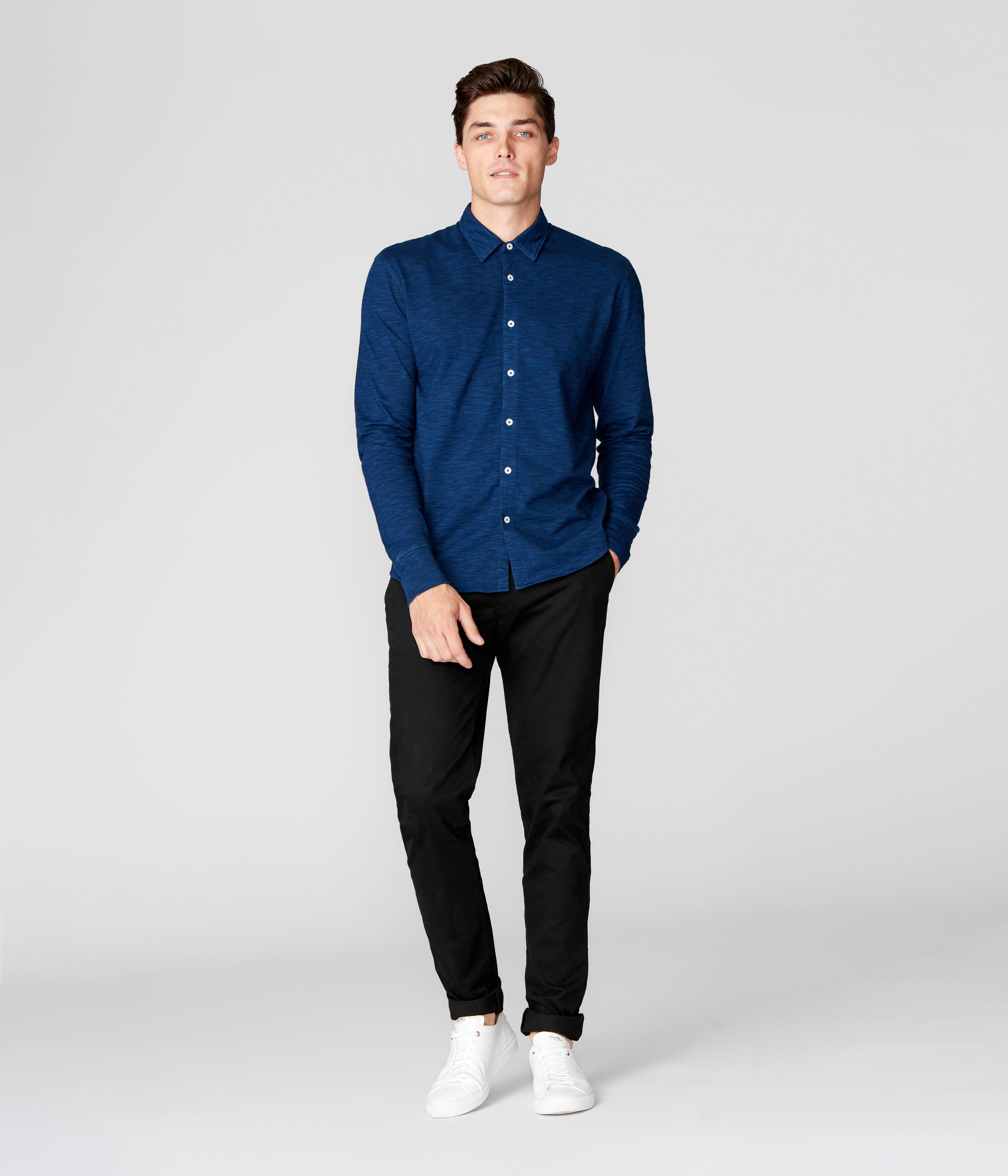 On-Point Soft Shirt in Black Marl Soft Slub - Blue