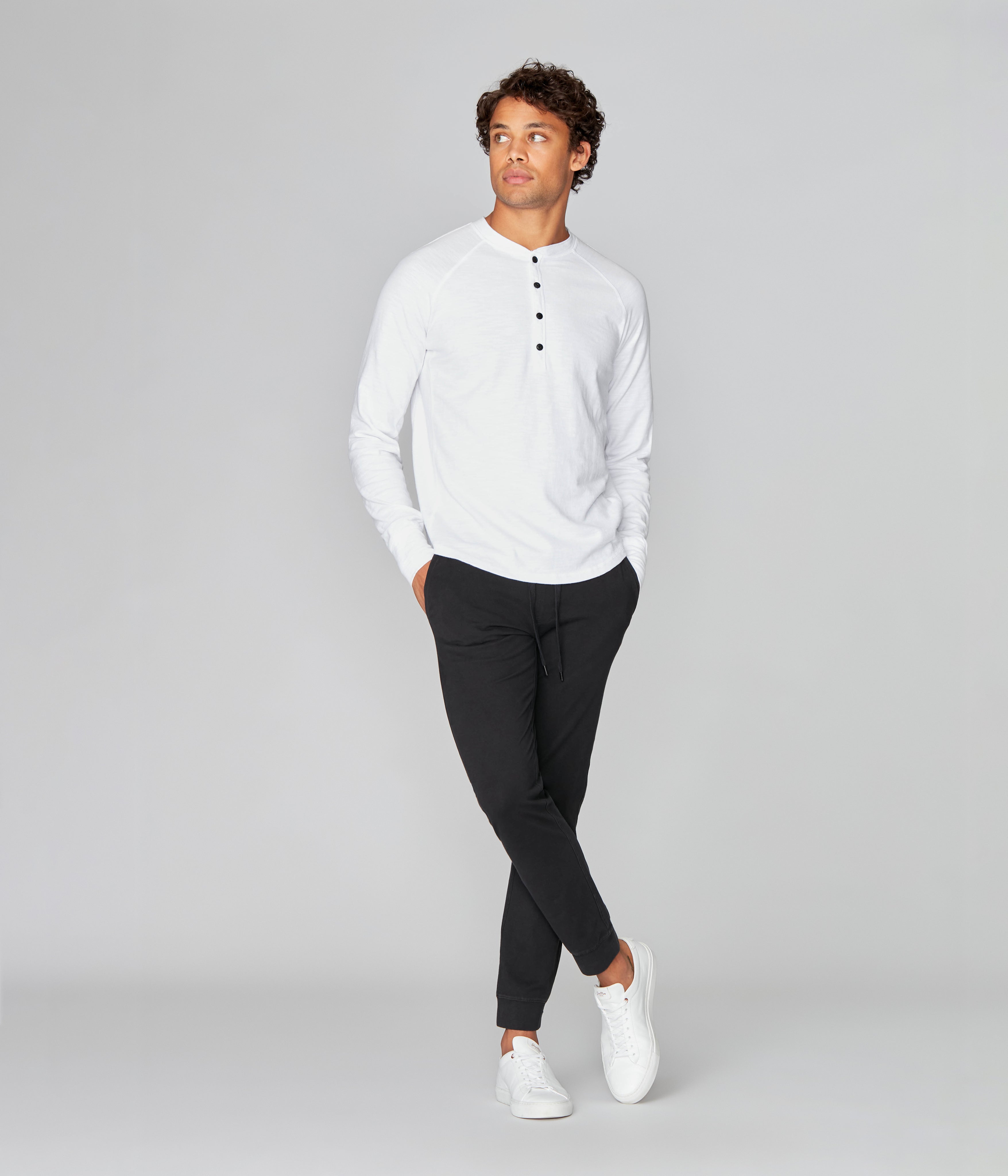 Legend Henley in Black Marl Soft Slub - White