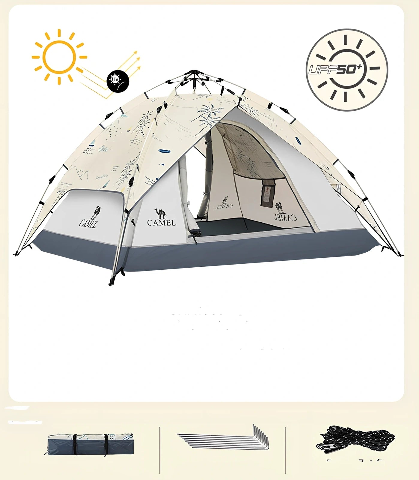 Blue automatic folding picnic tent unfolded at 220x190x120cm for 3-4 people with waterproof Oxford fabric and glass fibre poles