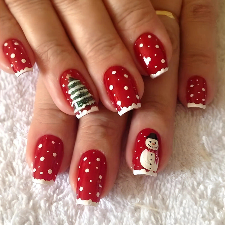 24pcs Christmas False Nails with Hat Striped Snowflake Design