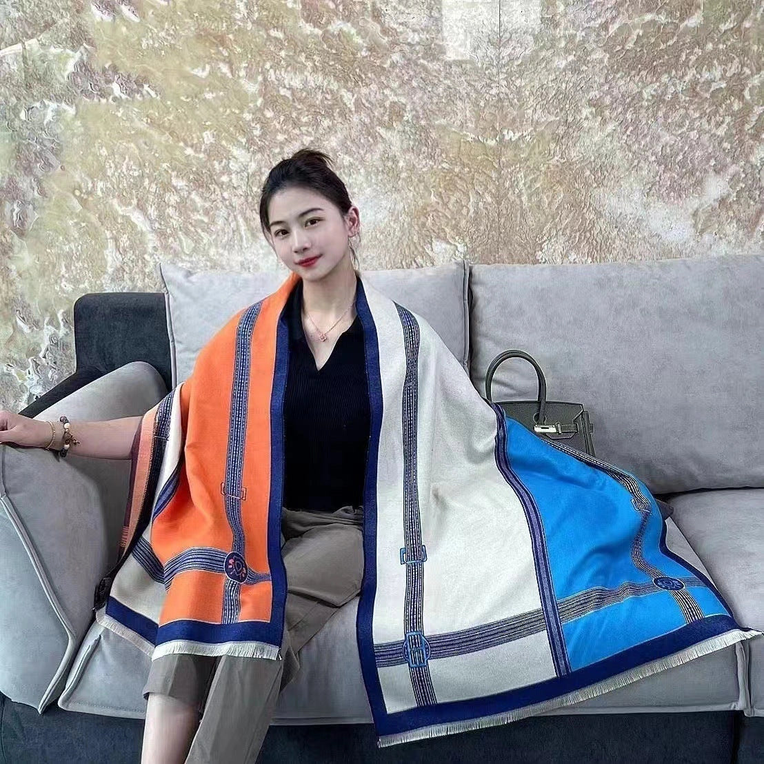 Stylish Korean Contrast Colour Artificial Cashmere Scarf for Women