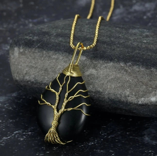Celtic Tree of Life Necklace with Teardrop Semi-Precious Stone