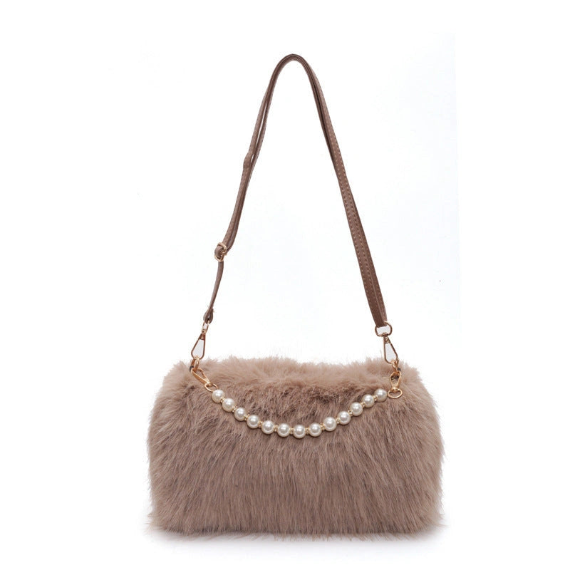 Autumn and Winter Plush Pearl Chain Crossbody Bag for Women