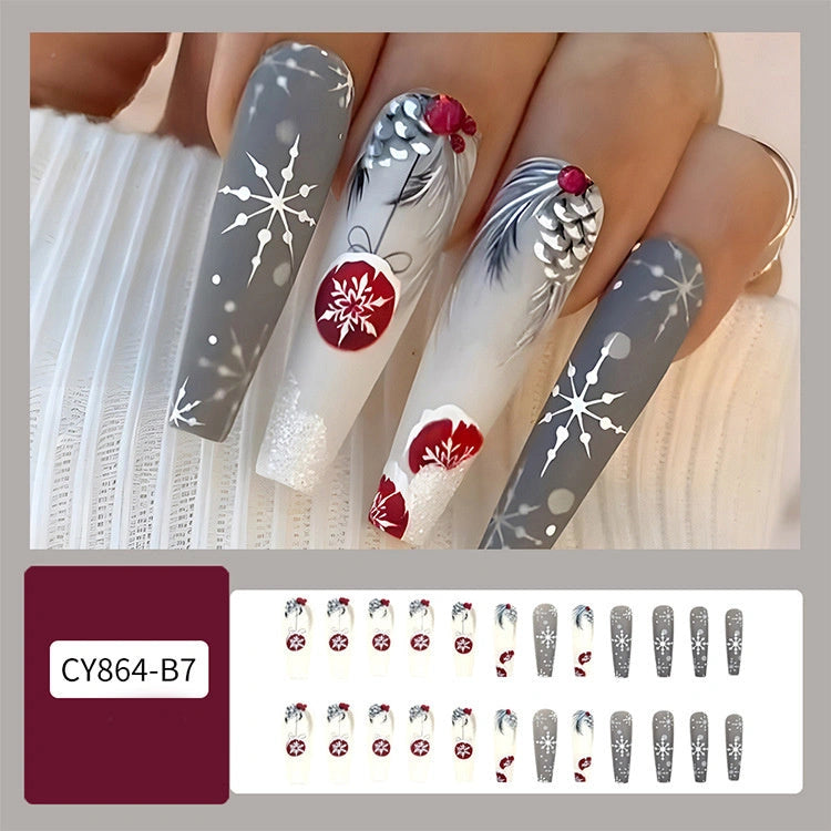 24pcs Christmas False Nails with Hat Striped Snowflake Design