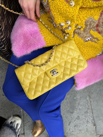 Chanel Yellow Faux Pearl-embellished Tweed Rectangular Mini Flap Bag