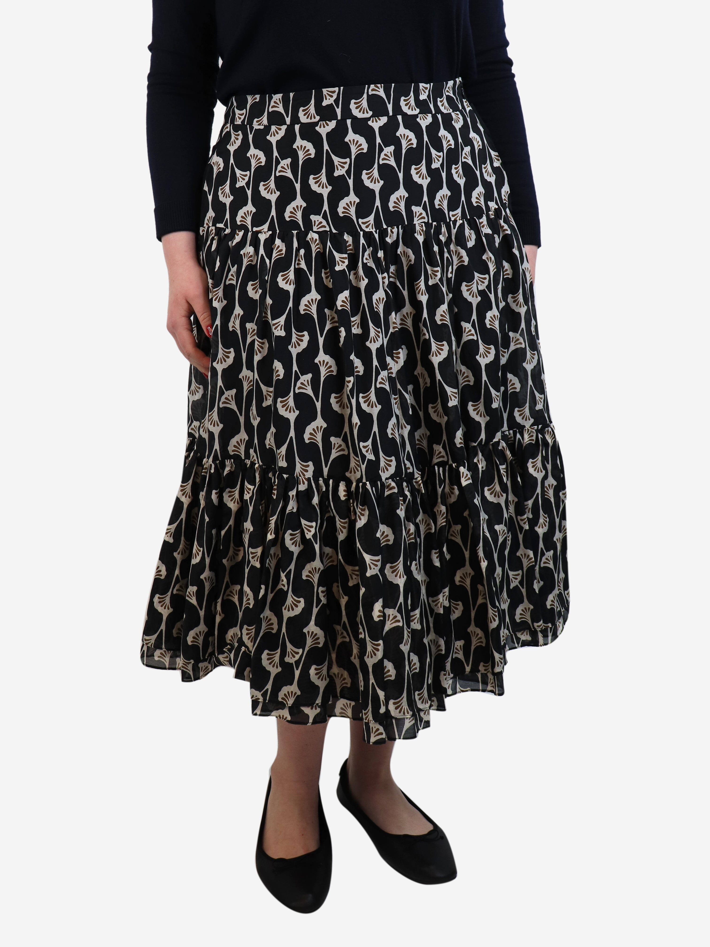 image of Black Ginko leaf midi skirt - size UK 14