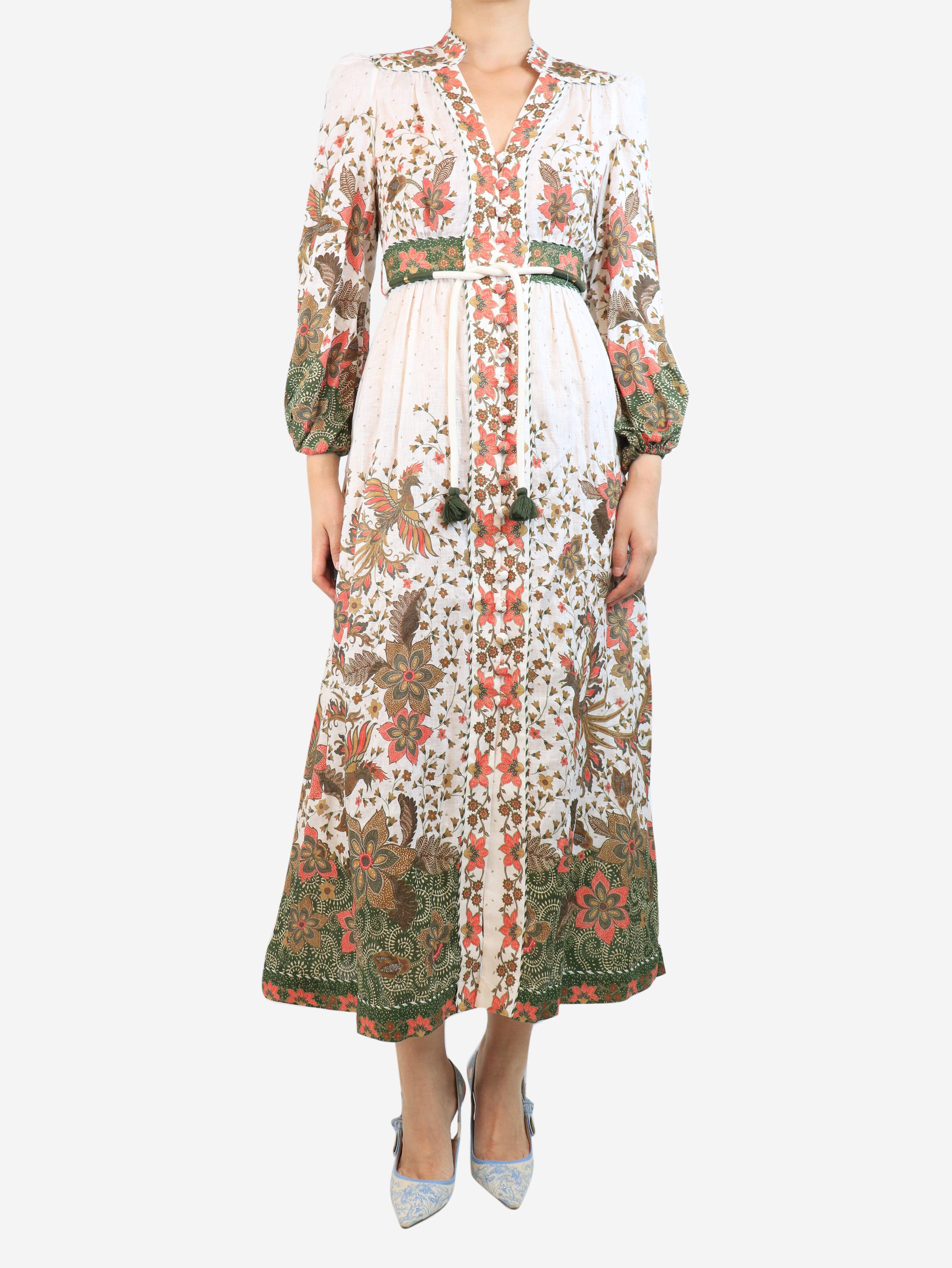 image of Ecru floral printed v-neck linen dress - size UK 8