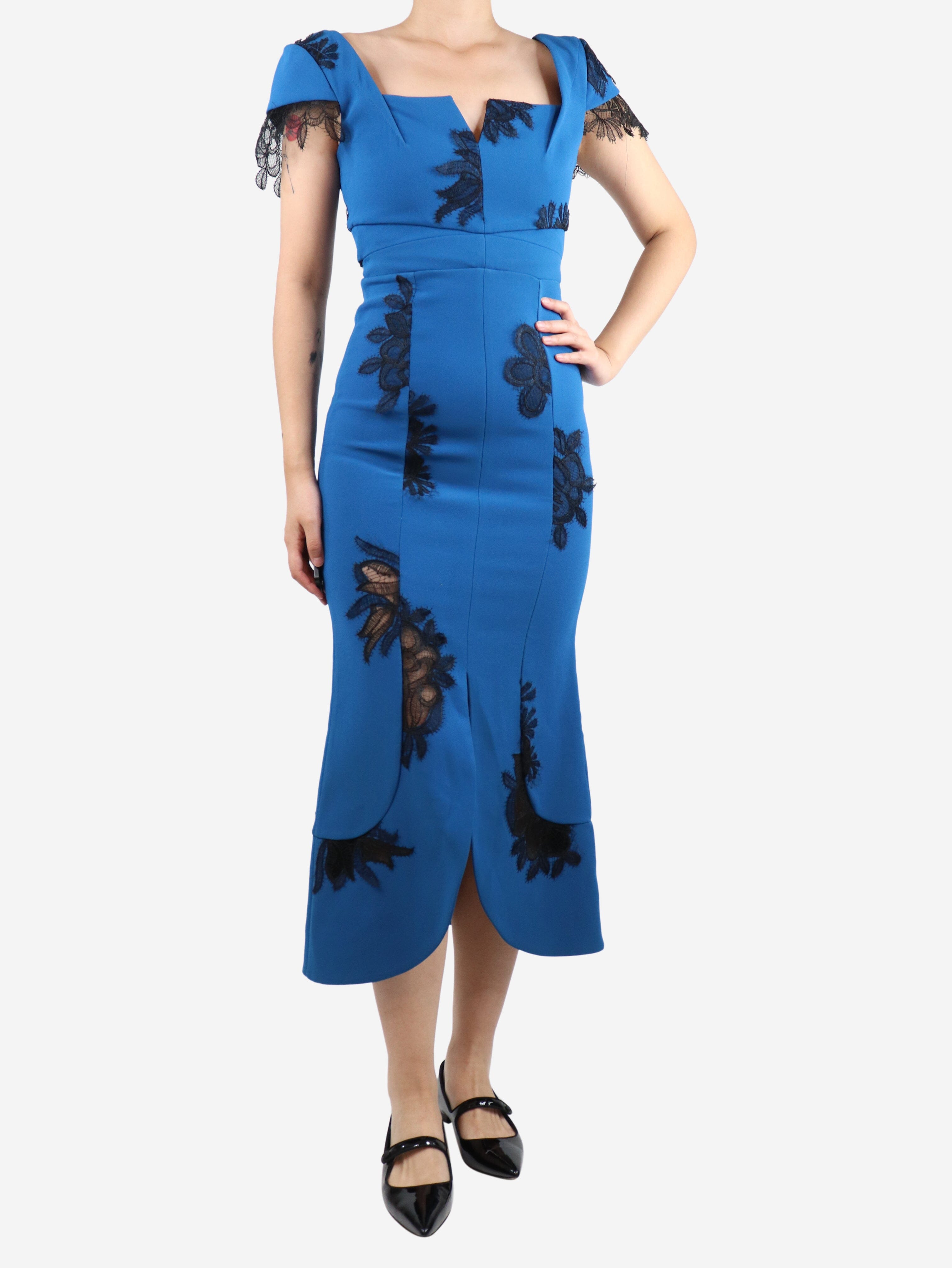 image of Blue lace-trimmed midi dress - size UK 10