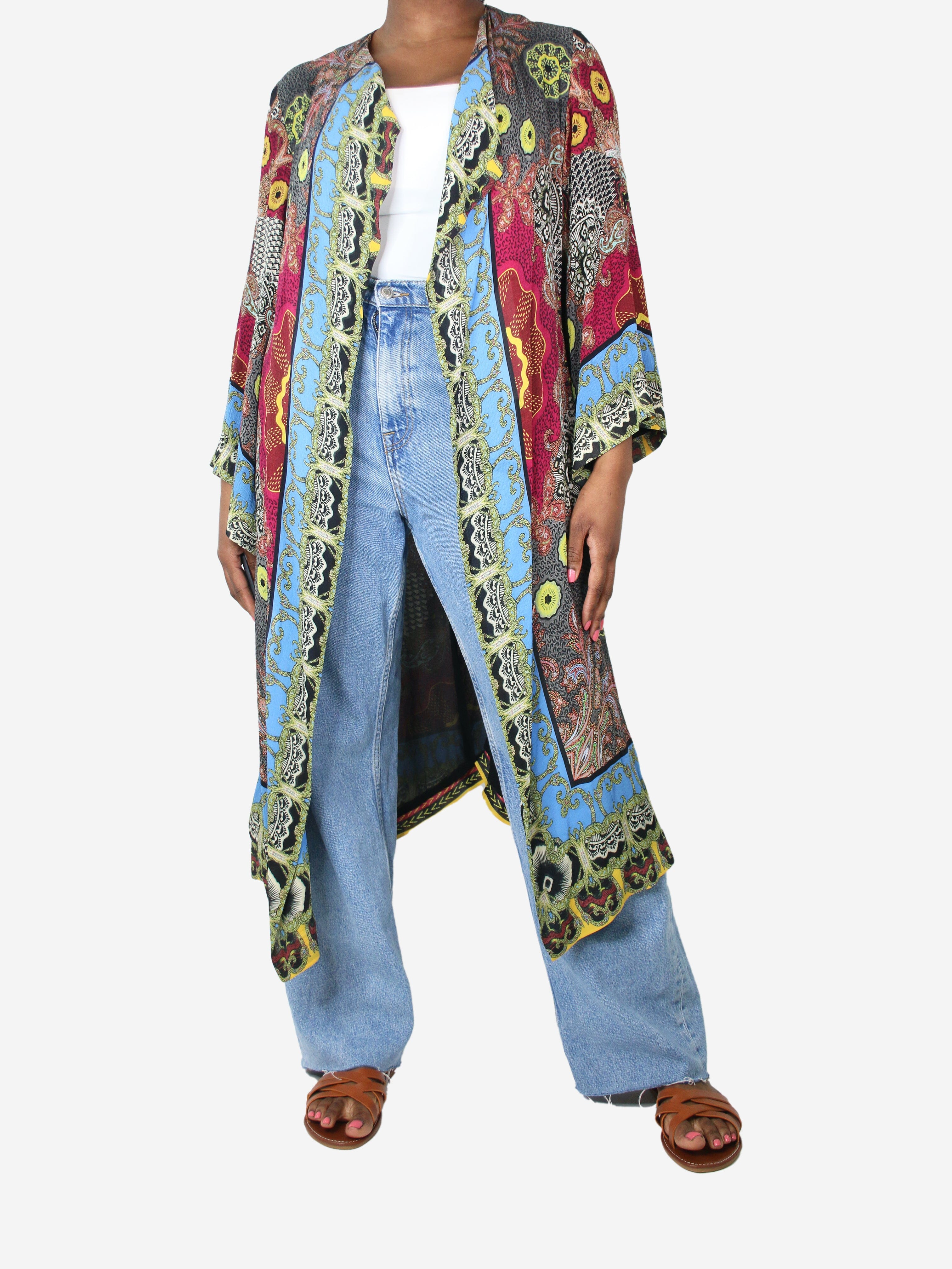 image of Multicolour silk printed robe - size UK 14