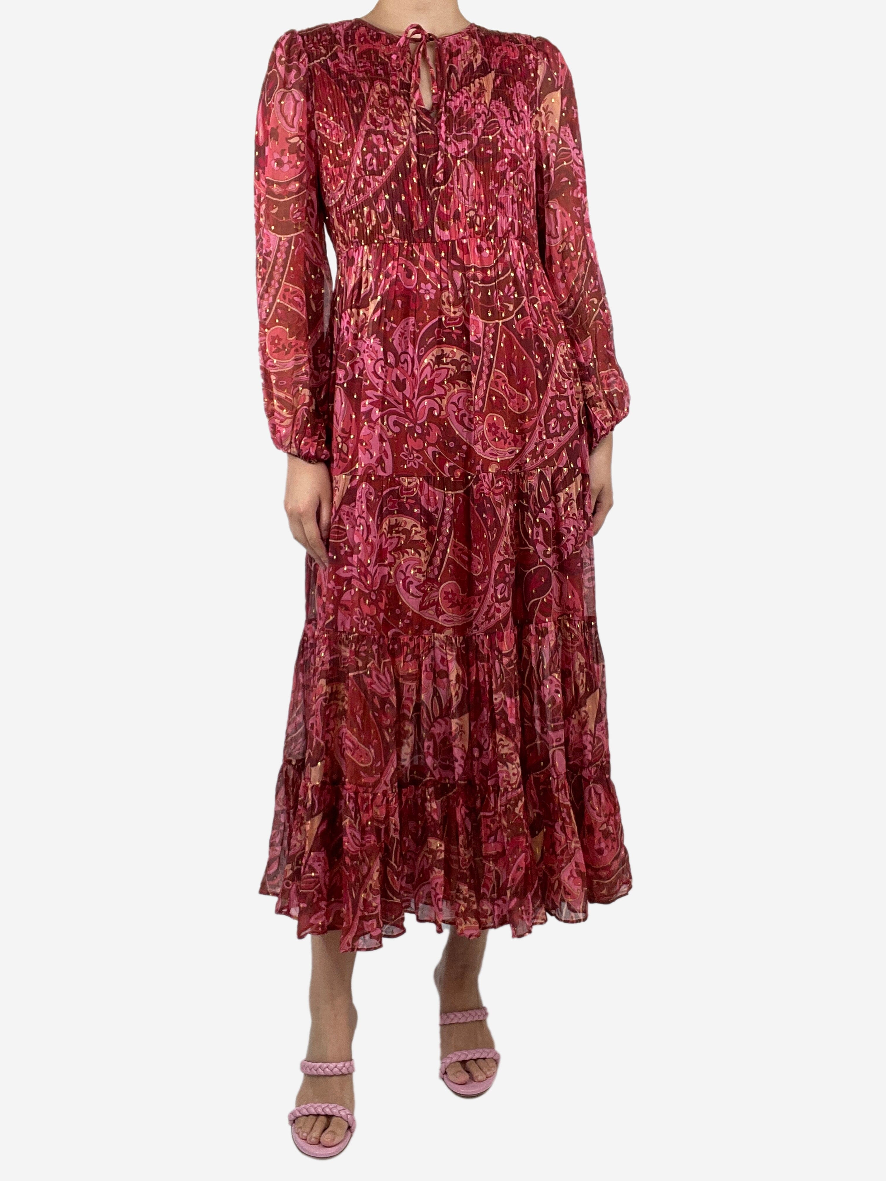 Image of Burgundy paisley printed tiered midi dress - size UK 8