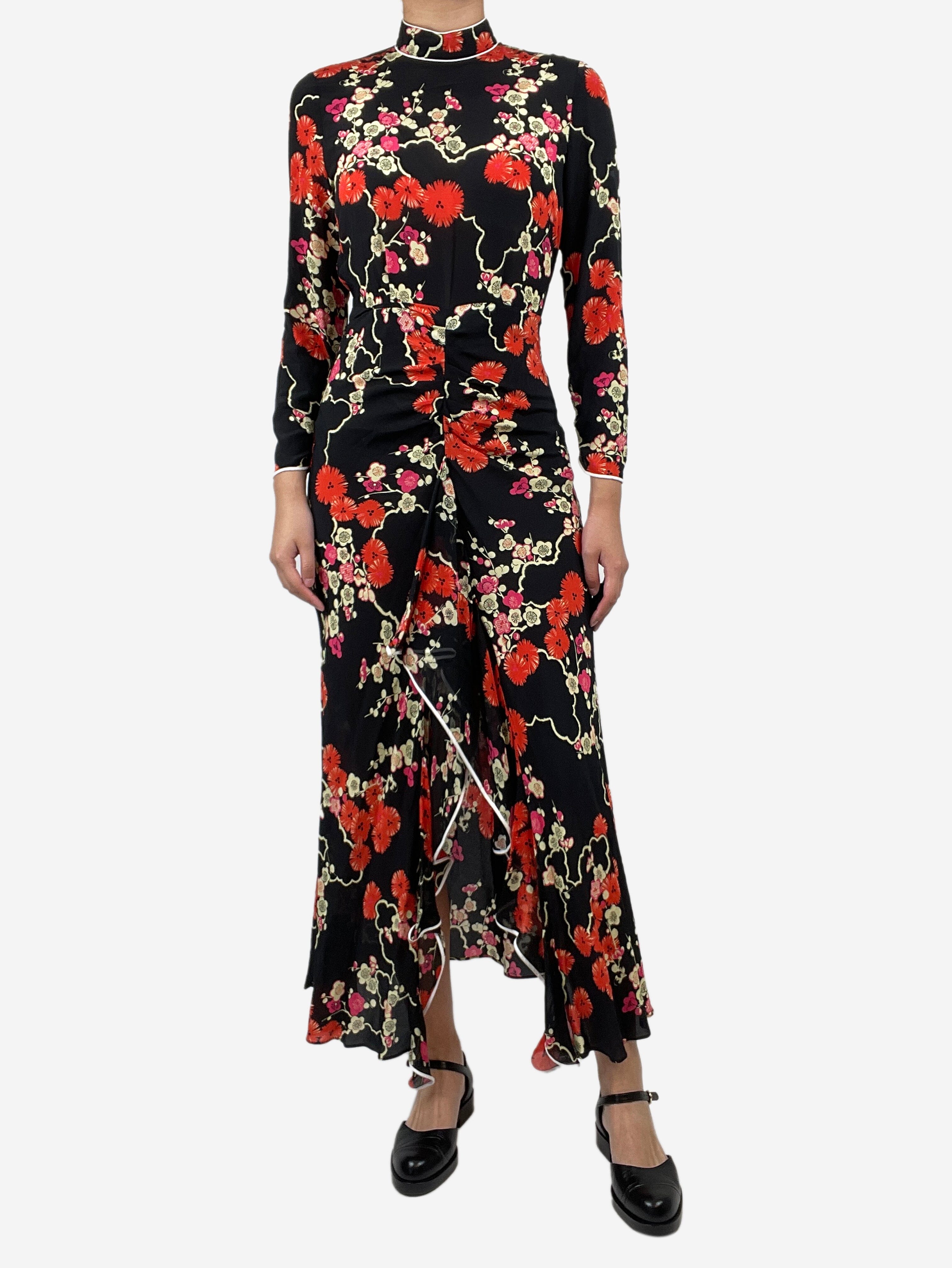 image of Black silk floral ruffled midi dress - size S