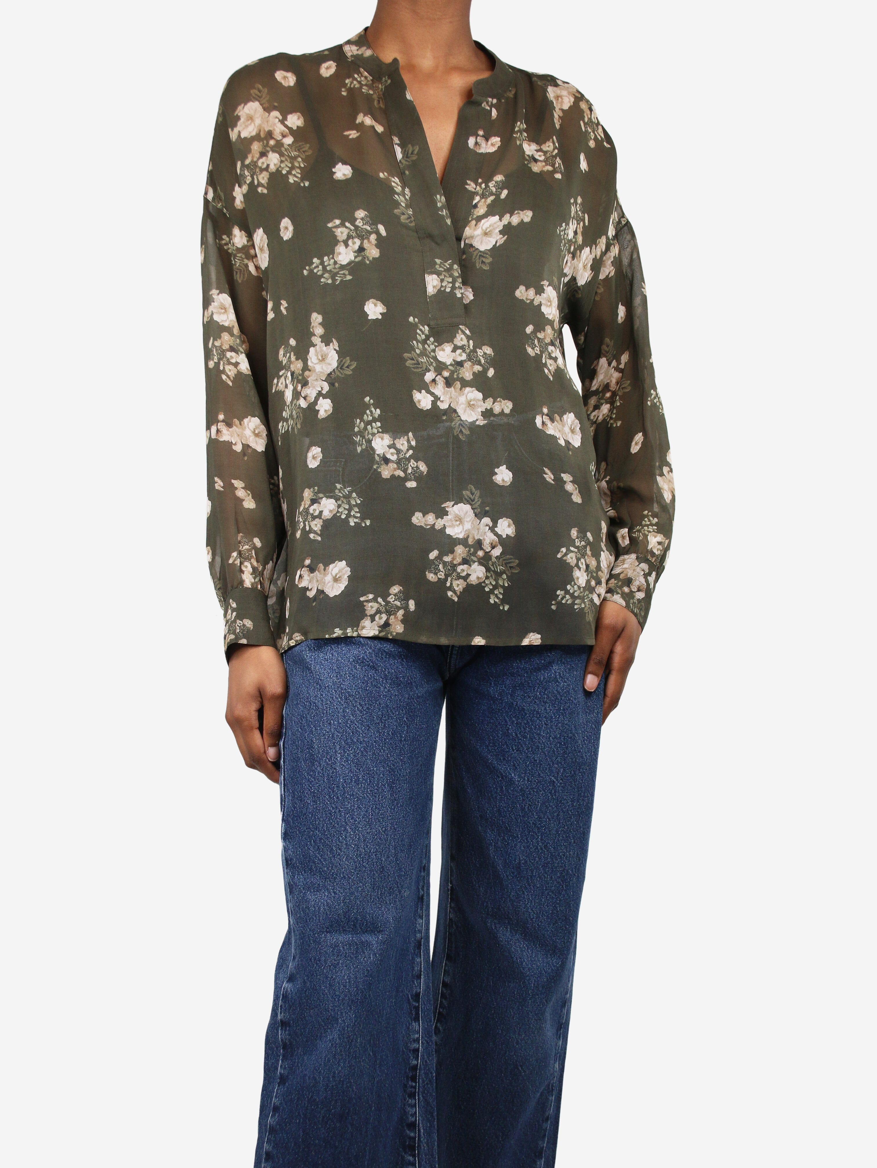 image of Green floral-printed silk sheer shirt - size XS