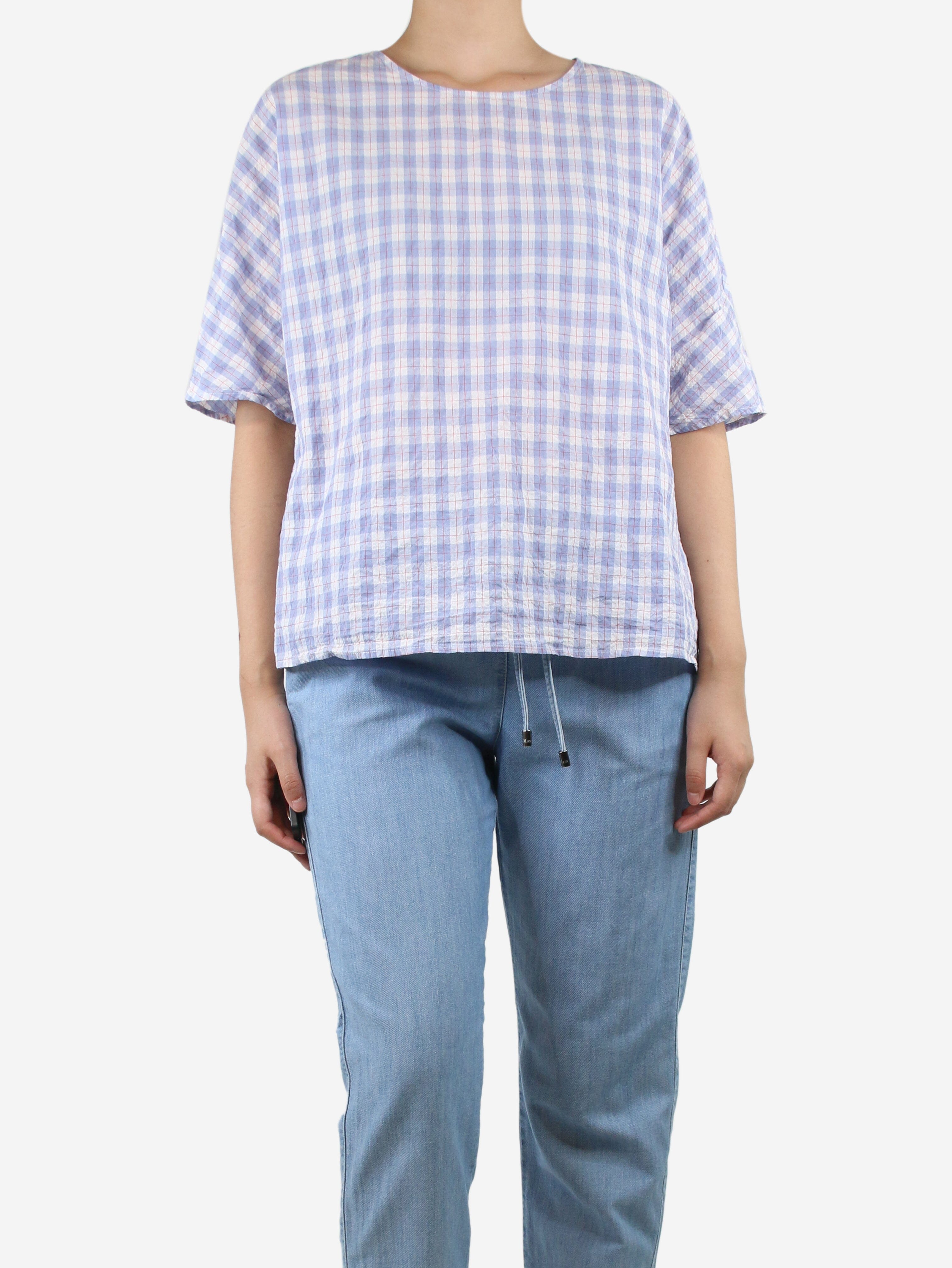 image of Blue short-sleeved checked top - size UK 10