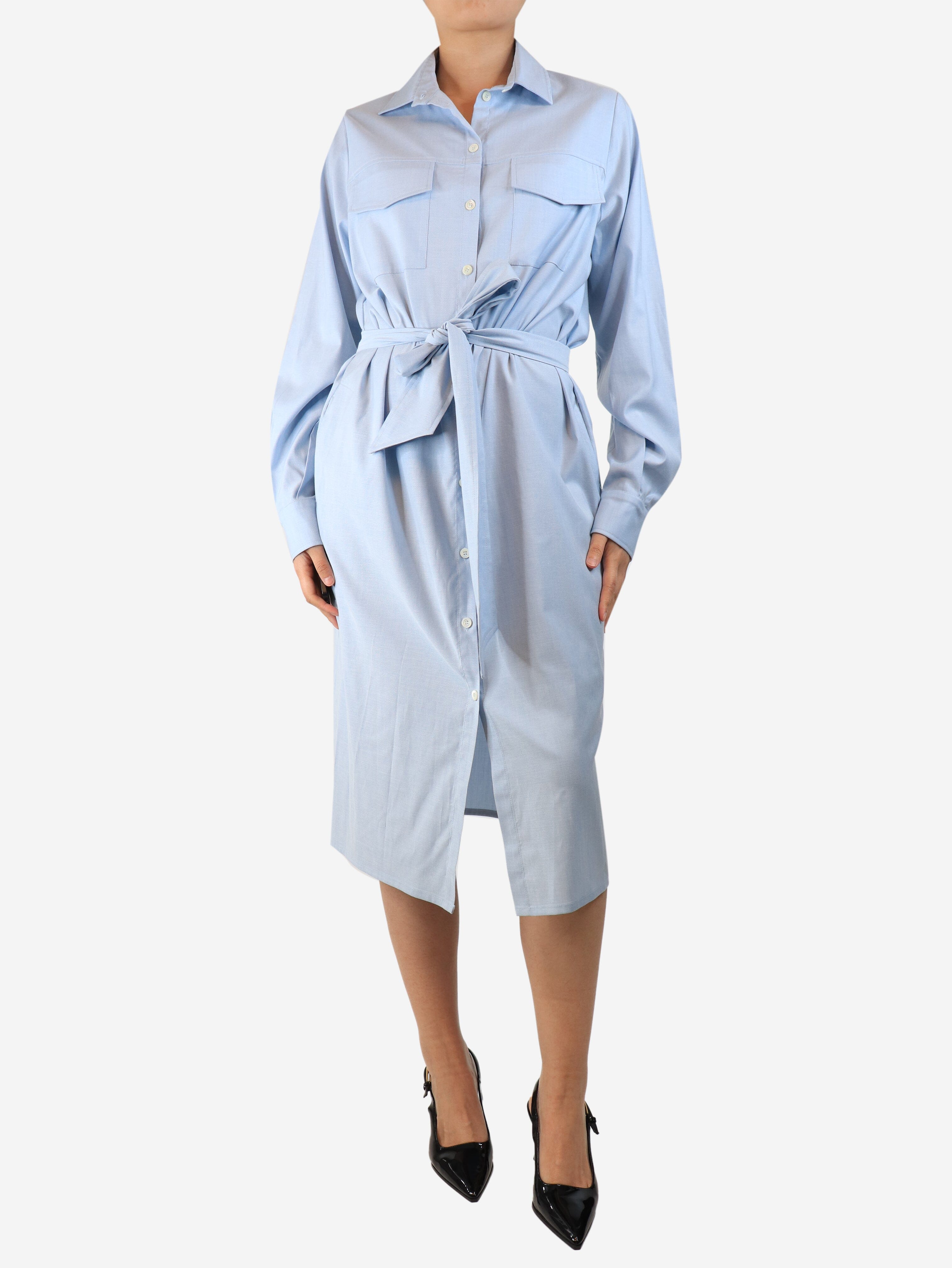 image of Light blue belted midi shirt dress - size UK 10