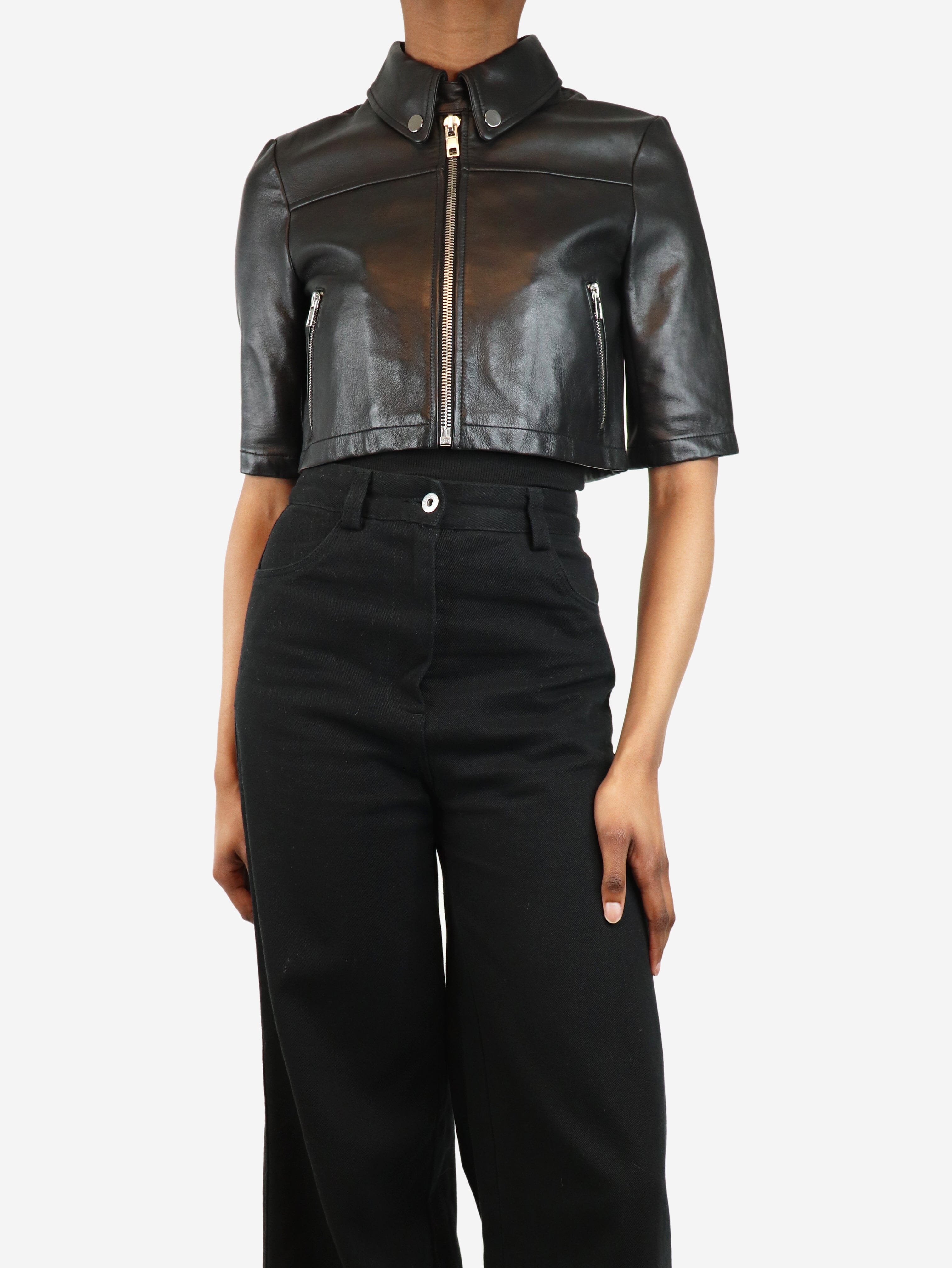 image of Black cropped faux leather jacket - size UK 8