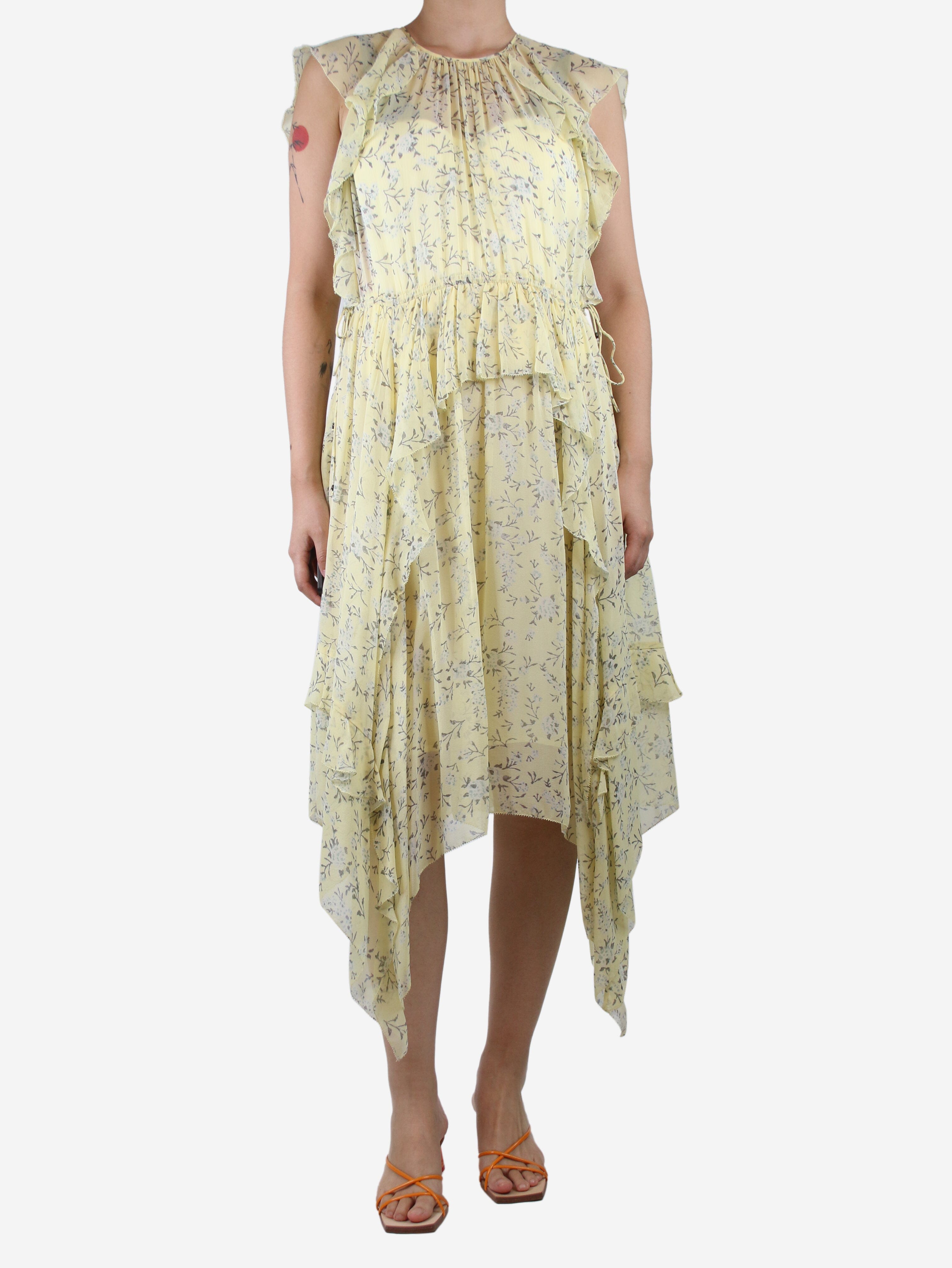 image of Yellow silk floral ruffled midi dress - size UK 8