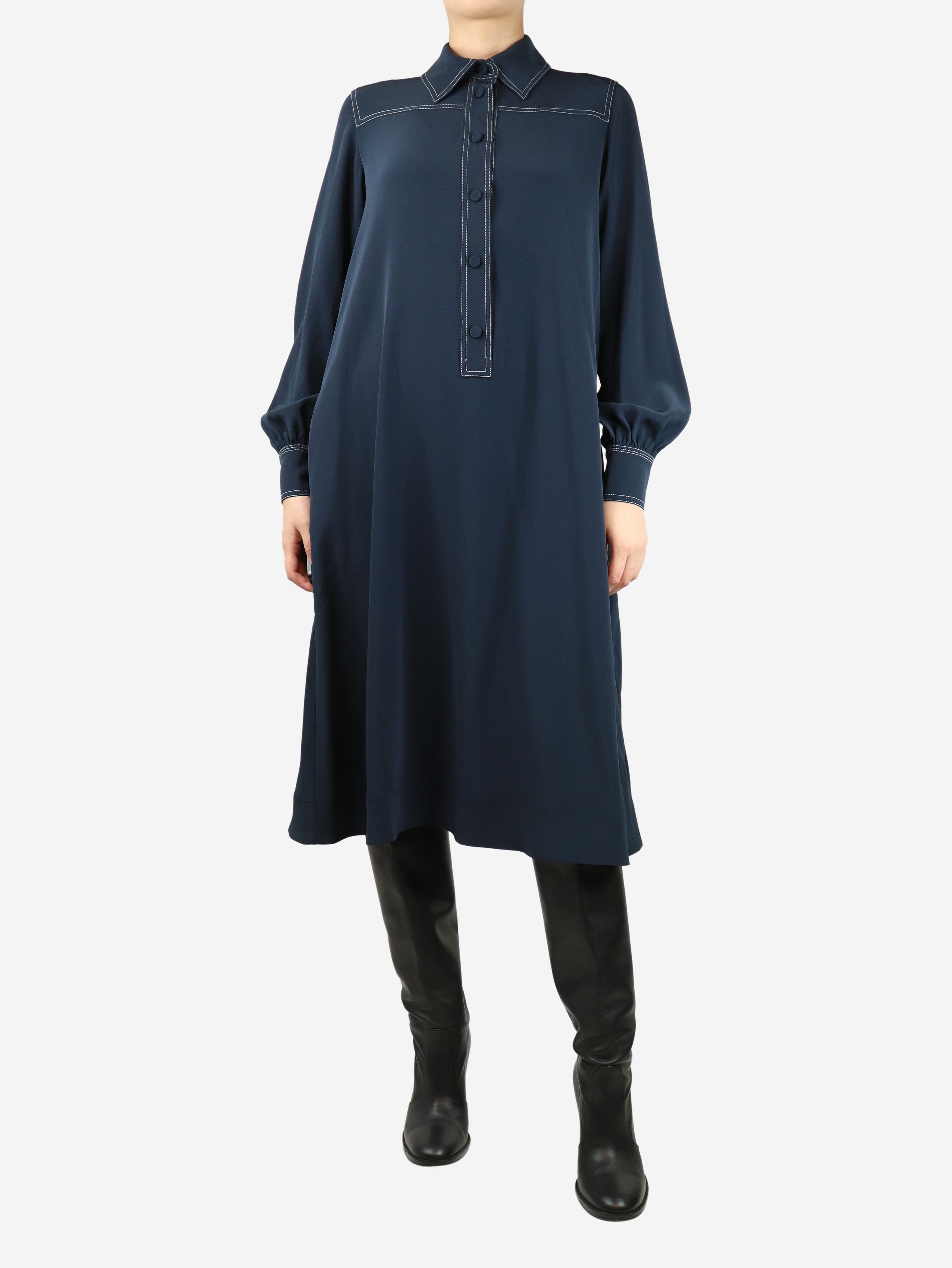 image of Dark blue and white contrast-stitched midi dress - size M