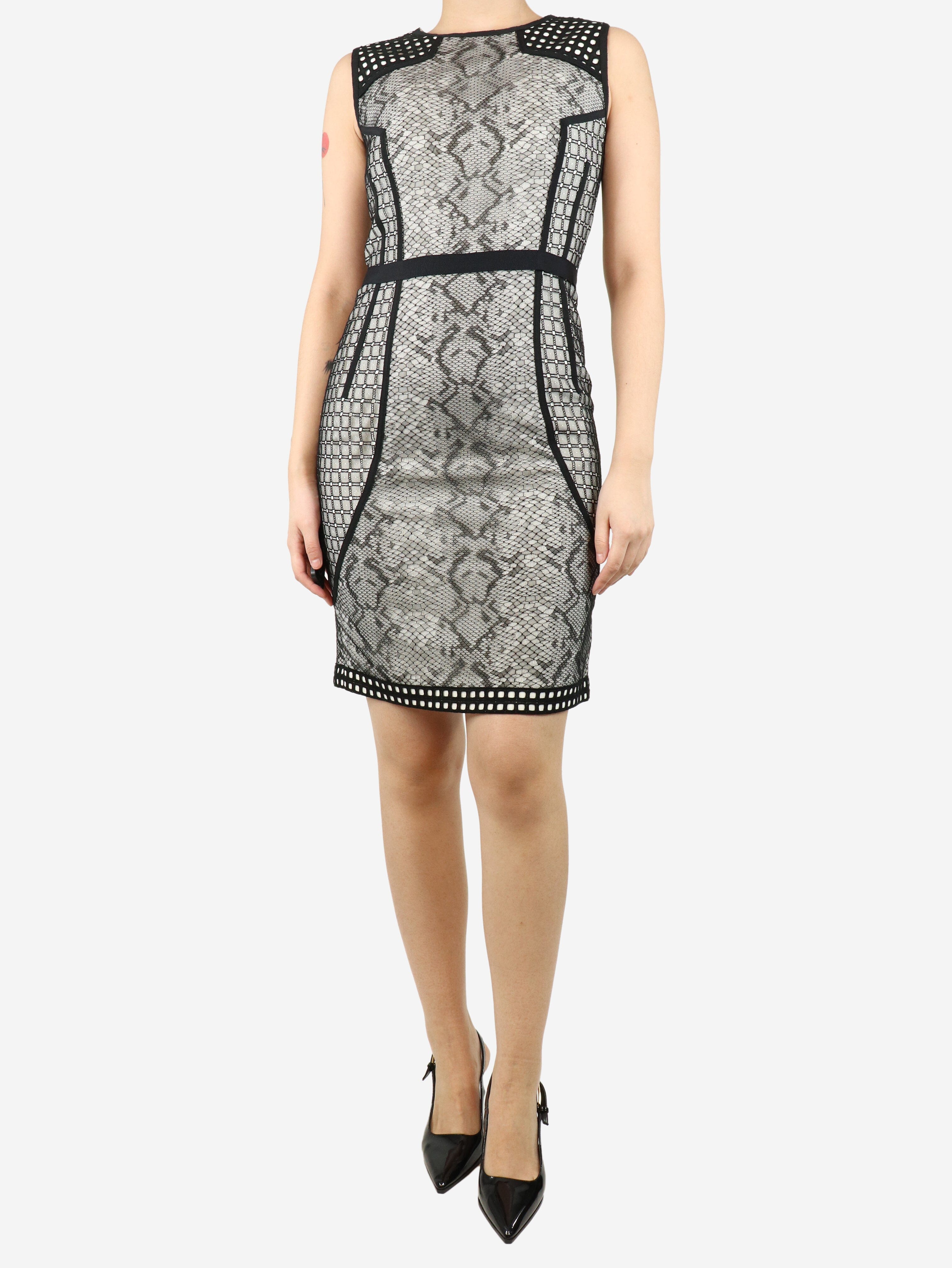 image of Black and white sleeveless lace midi dress - size UK 14