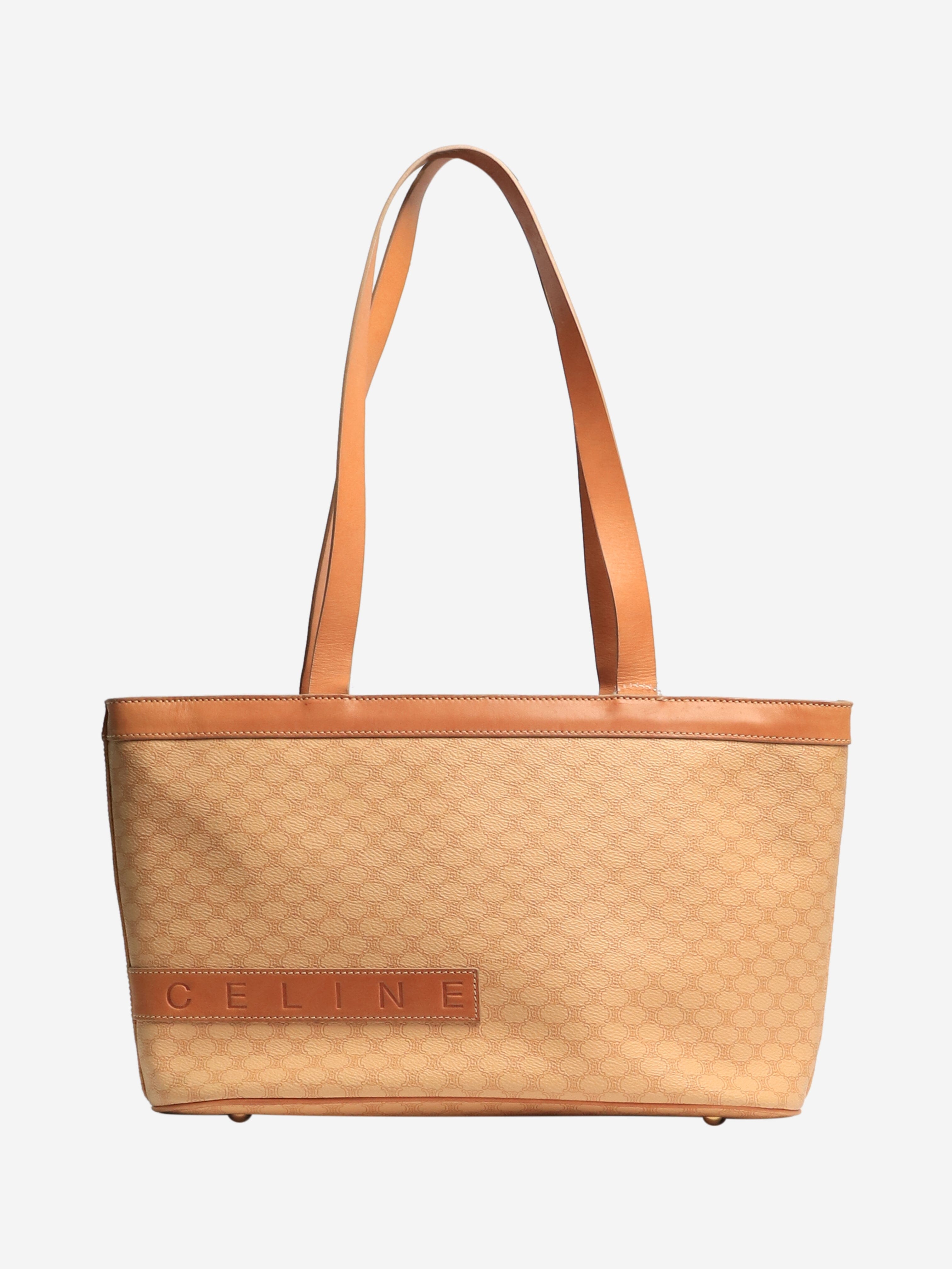 image of Celine Red CELINE Macadam Canvas Shoulder Bag PVC Leather Beige Gold Auth 95141 - size