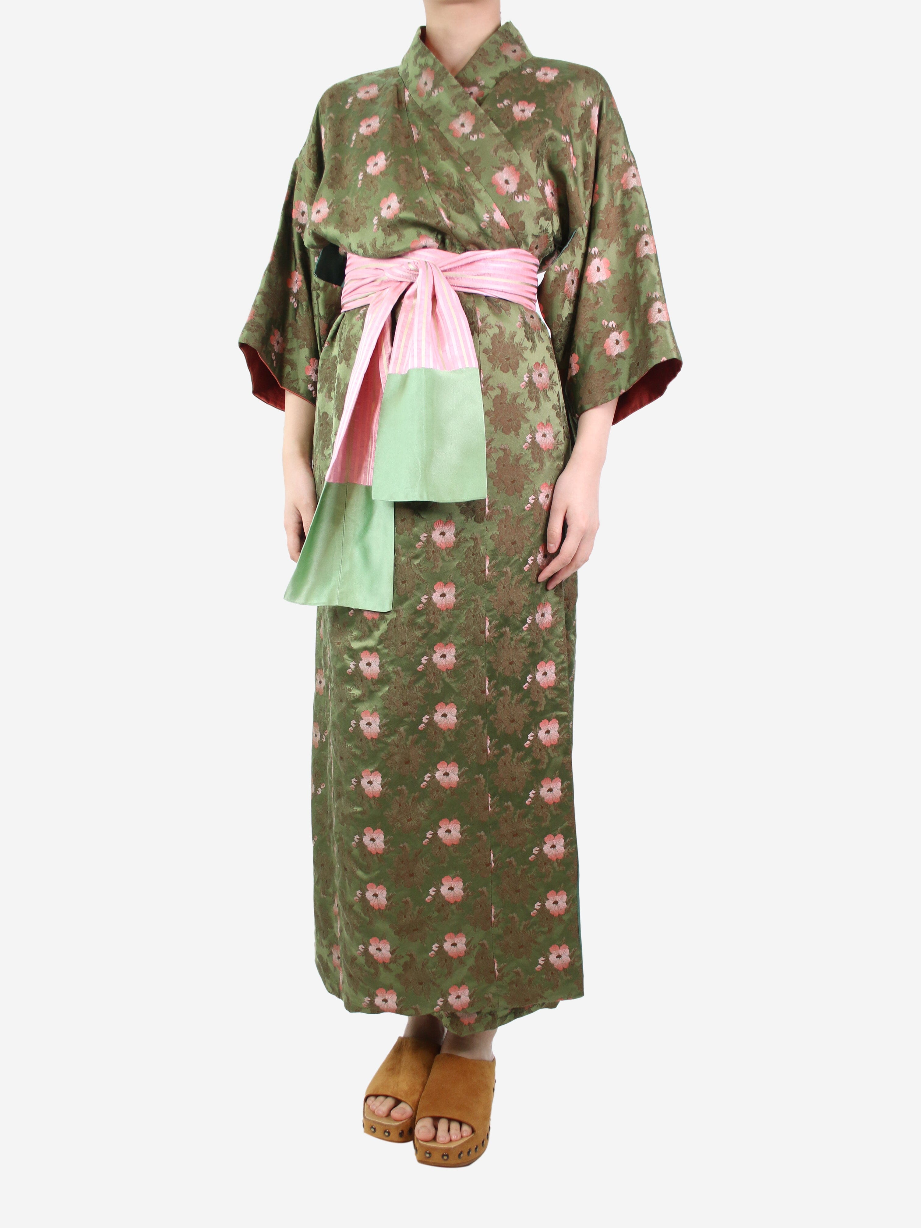 image of Multi floral printed belted jacquard kimono - size One Size